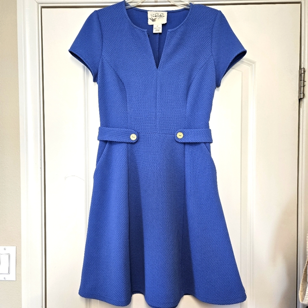 Anthropologie Tabitha petite 4P blue A-line dress knee length with stretch, cute